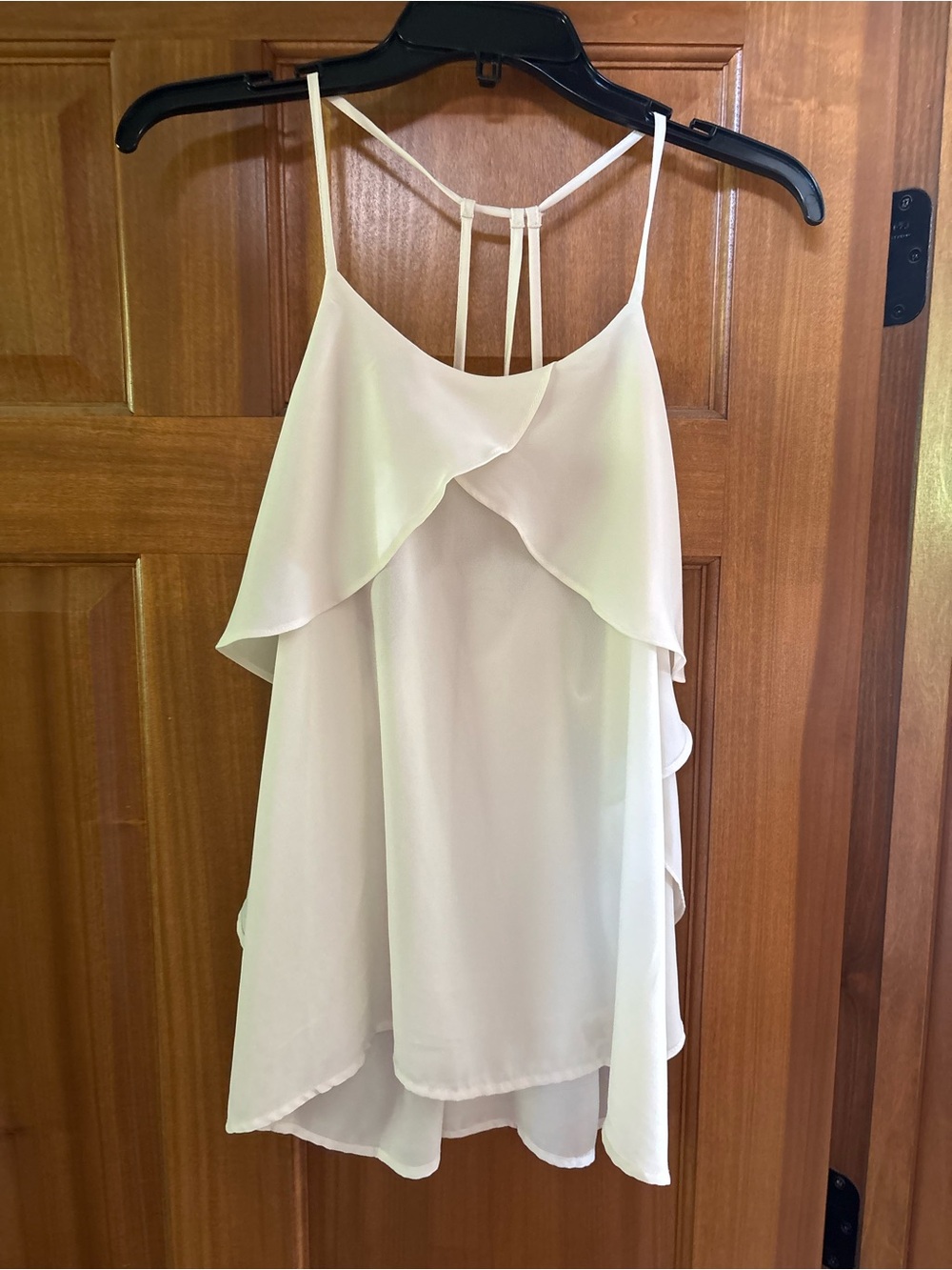 Liberty Love Light Cream Silky Ruffled Strap Cami Blouse Top